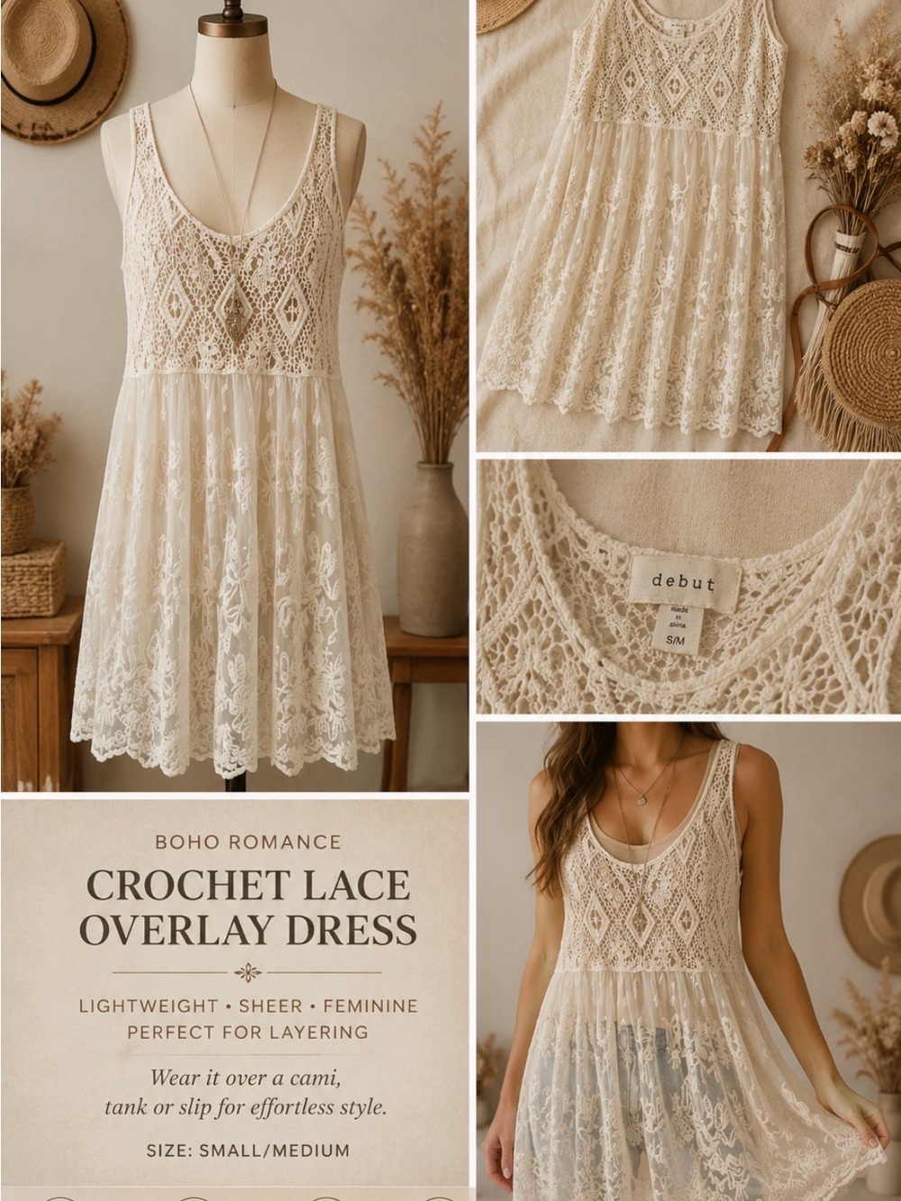 debut Cream Lace Crochet-Top Mini Dress